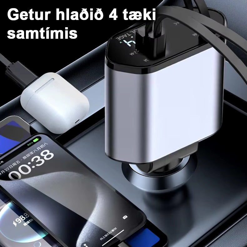 4-í-1 útdraganlegt bílhleðslutæki (Hraðhleðsla)